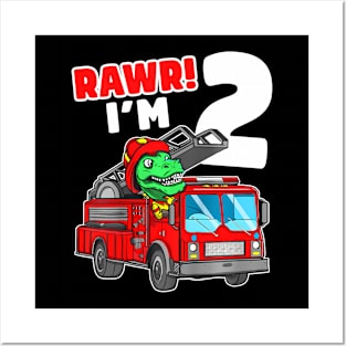 Dinosaur Fire Truck 2Nd Birthday Boy Two T-Rex Firefighter Posters and Art